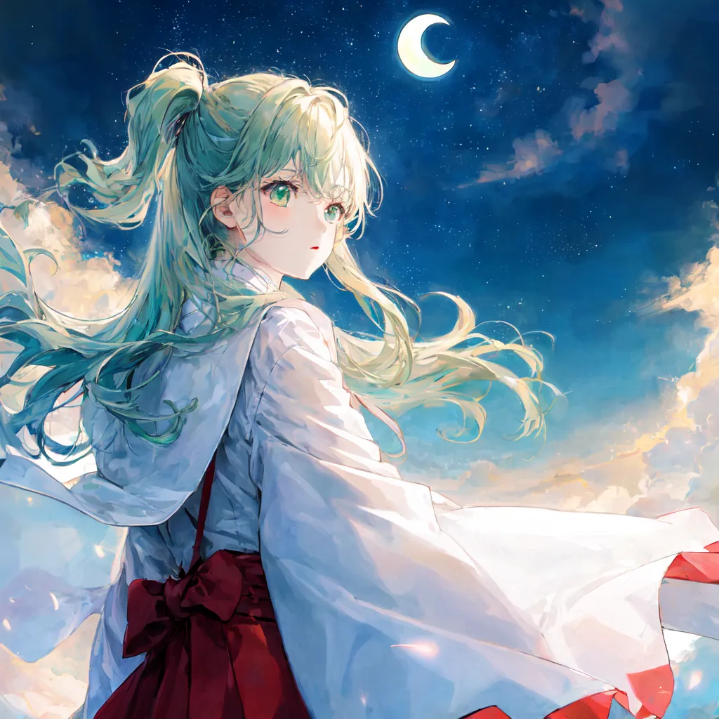 The image is a painting of a girl with long green hair and green eyes. She is wearing a white kimono with a red obi. The girl is standing in front of a full moon. The sky is dark blue and there are some clouds in the background. The girl is looking at the moon with a serene expression on her face.