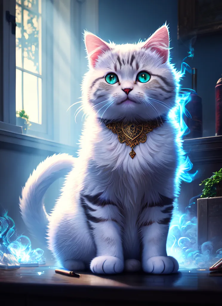 The image is of a white cat with blue eyes and a gold necklace sitting on a table. The cat is looking at the viewer with its head tilted to the side. There is a window in the background and some plants on the table. The cat is surrounded by a blue glow.