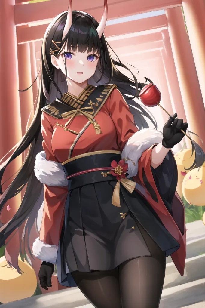 The image shows a girl with long black hair and purple eyes. She is wearing a red and black kimono with a white fur collar. She is also wearing a black glove on her right hand and is holding a red apple on a stick in that hand. She has a small red flower in her hair on the right side of her head. She is standing in a traditional Japanese-style room with red walls and white sliding doors. There are also some small yellow creatures with rabbit ears and fluffy tails on the ground near her feet.