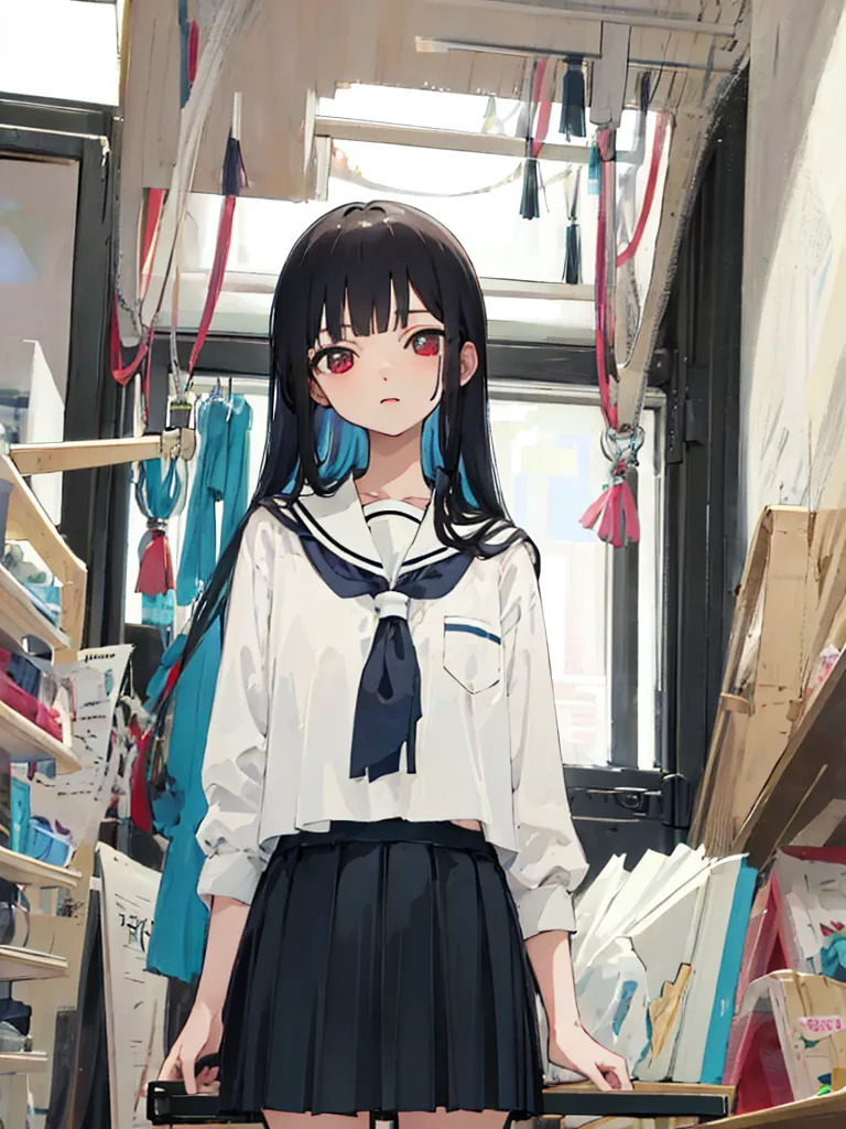 The image is a painting of a young girl with long black hair and red eyes. She is wearing a white shirt, black skirt, and red scarf. She is standing in a room with a wooden floor and white walls. There are some bookshelves and other objects in the room. The girl is looking at the viewer with a slightly sad expression.