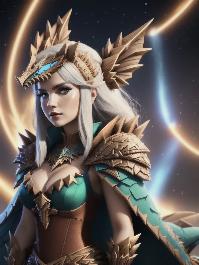 The image shows a beautiful woman with long white hair and blue eyes. She is wearing a golden and green armor with a dragon-like design. She has a confident expression on her face and looks like she is ready for battle. There is a glowing, blue, crescent-shaped background behind her.