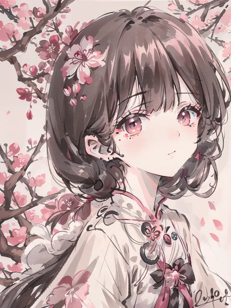 The image is a painting of a young girl with long brown hair and pink eyes. She is wearing a white kimono with a pink obi. The girl is standing in a forest of cherry trees. The cherry trees are in bloom and their petals are falling. The girl is looking at the cherry blossoms with a smile on her face.