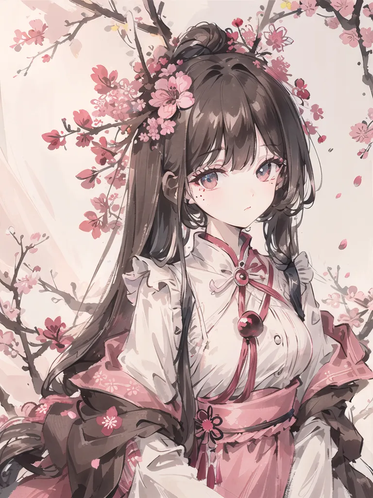 The image is a painting of a young woman with long brown hair and pink eyes. She is wearing a white blouse with a pink sash and a pink skirt. Her hair is decorated with pink flowers. She is standing in front of a white background with a branch of cherry blossoms. The painting is done in a realistic style and the colors are vibrant and lifelike.