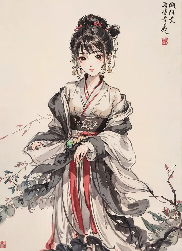 A imagem é uma pintura de uma jovem mulher vestindo um traje tradicional chinês. Ela está em pé em um jardim, rodeada por flores e plantas. A mulher usa um vestido branco e vermelho com uma saia longa e esvoaçante. Ela tem o cabelo preso em um coque e usa acessórios tradicionais chineses para o cabelo. A mulher segura um leque na mão direita. A pintura é feita em um estilo realista e as cores são vibrantes e realistas. A expressão da mulher é serena e pacífica. A pintura é linda e captura a beleza da mulher e do jardim.