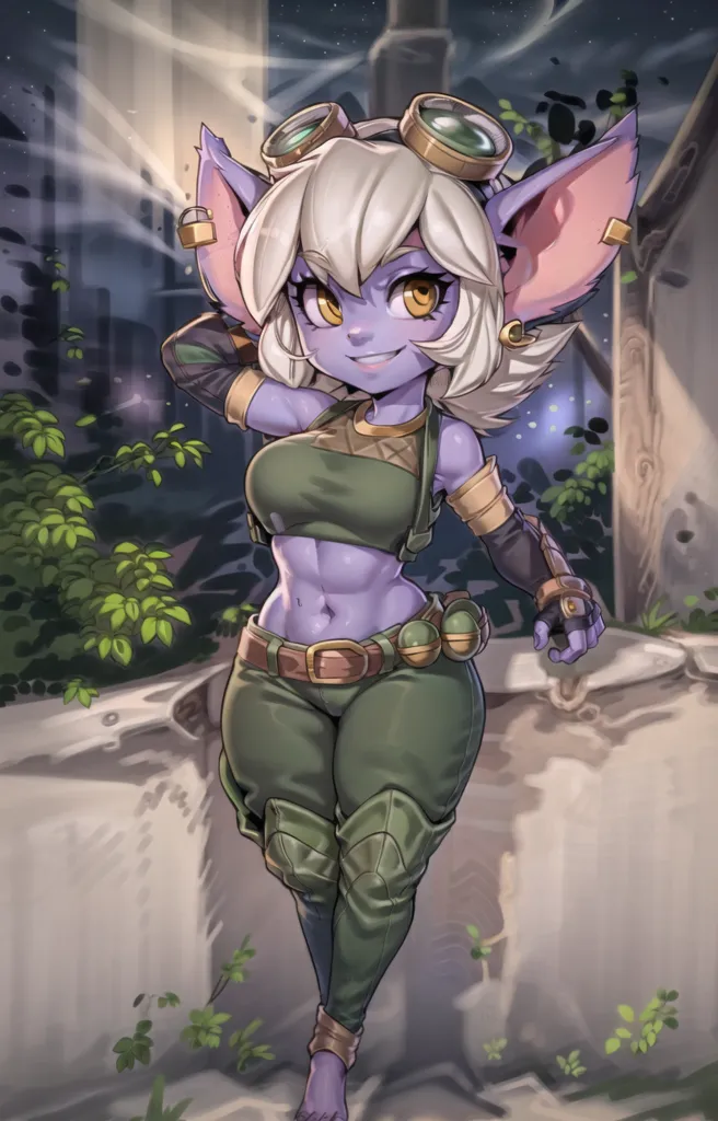 The image is of a yordle, a fictional creature from the League of Legends universe. She is standing on a ledge, with her left hand on her hip and her right hand holding a wrench. She is wearing a green and brown outfit, with a belt and goggles. She has long white hair and purple eyes, and her ears are pointed. She has a mischievous expression on her face, and she seems to be enjoying herself.