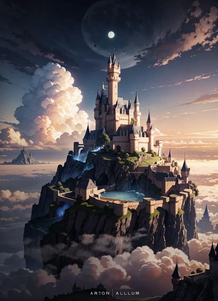 The image is a digital painting of a fantasy castle. The castle is built on a rocky hilltop and is surrounded by clouds. There is a full moon in the sky, and the light from the moon is reflecting off the castle walls. The castle is made of gray stone and has many towers and turrets. There are trees and gardens inside the castle walls. The image is very detailed, and the artist has used a variety of colors to create a sense of depth and realism.