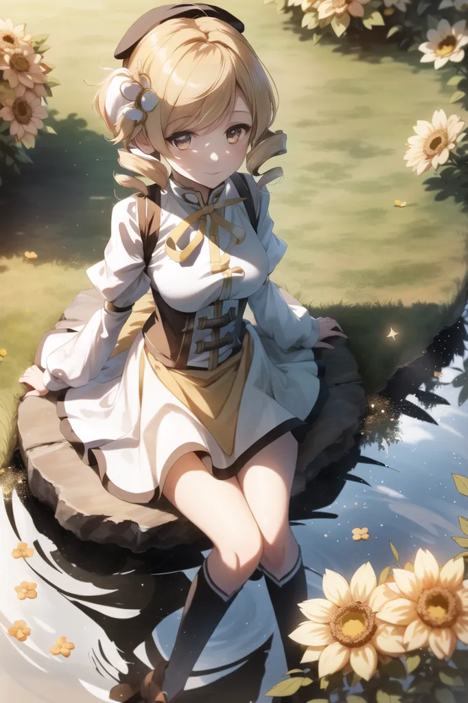 The image shows a girl with long blonde hair and yellow eyes. She is wearing a white blouse, a yellow vest, and a white skirt. She is sitting on a rock in a field of sunflowers. There is water at her feet reflecting the sunflowers. The girl is looking at the sunflowers with a smile on her face.