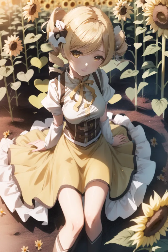 The image shows a young girl with long blonde hair and blue eyes. She wears a yellow and white dress with a big ribbon on her chest. She is sitting in a field of sunflowers, smiling at the viewer. The sunflowers are tall and bright yellow, and they surround her completely. The background is a blur of green leaves and yellow flowers. The girl is sitting on the ground, with her legs crossed. She has a gentle smile on her face, and her eyes are slightly closed. Her hair is blowing in the wind, and her dress is flowing around her. The image is warm and inviting, and it captures the beauty of a summer day.