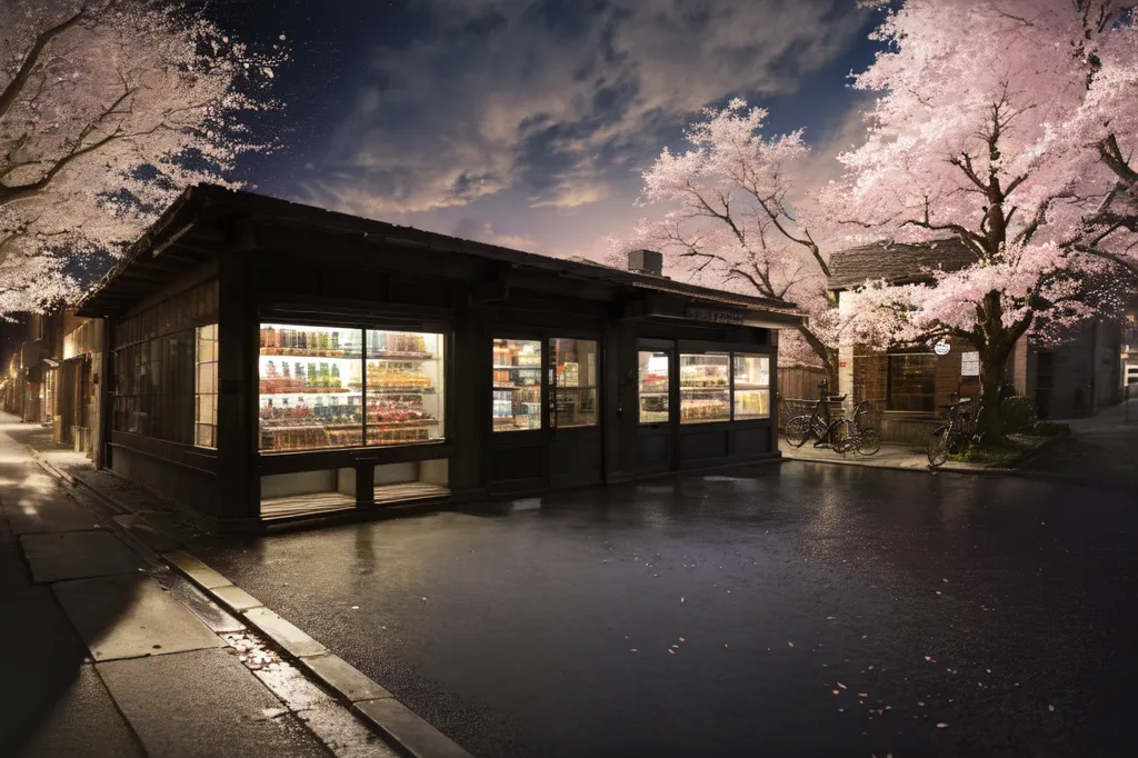 The image is a long, narrow shot of a street in Japan. It is nighttime and the street is lit by the lights of the shops and street lamps. The street is lined with traditional Japanese houses and shops. There are a few trees on the street, which are in bloom. The image is very peaceful and serene.