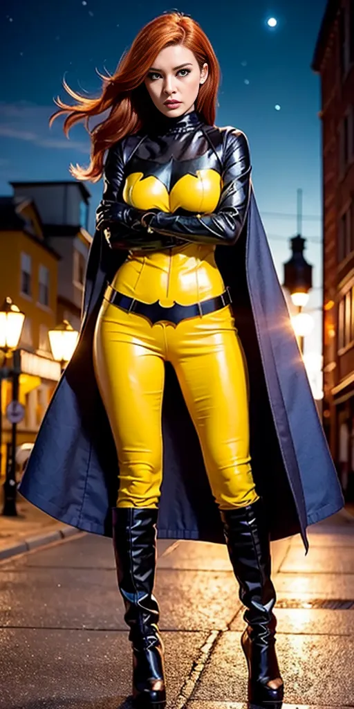 The image shows a woman dressed in a yellow and black Batgirl costume. She is standing on a rooftop in a city at night. She has long red hair and blue eyes. She is wearing a black cape and a yellow bodysuit with a bat symbol on the chest. She is also wearing black boots and gloves. She is standing with her arms crossed and looking at the camera.