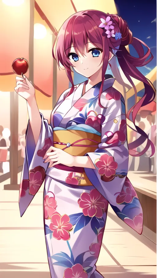 The image contains a young woman wearing a kimono with a floral pattern. The kimono is mostly white with pink, blue, and purple flowers. The woman has long red hair and blue eyes. She is holding a red apple in her right hand. The background is a blurred image of a Japanese street with paper lanterns.