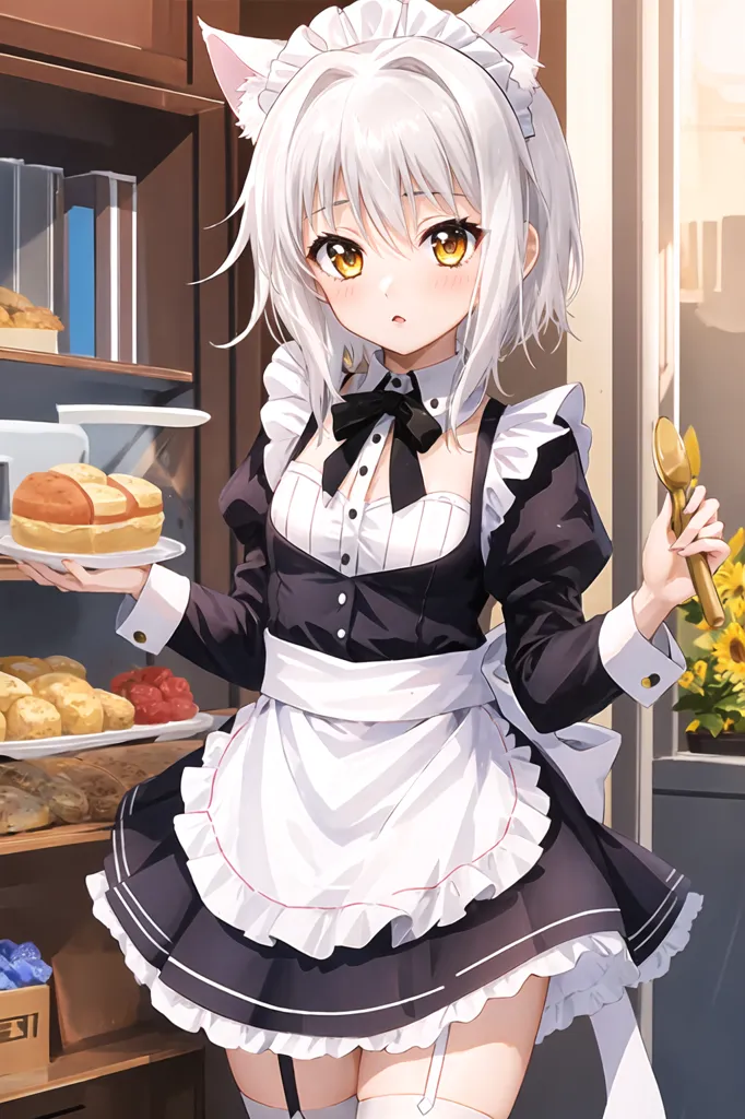 The image depicts a young woman with white hair and yellow eyes dressed in a black and white maid outfit, complete with a frilly apron and a cat-ear headband. She is standing in a bakery, holding a plate with a slice of cake on it. The bakery is decorated with sunflowers and various baked goods are on display. The woman has a surprised expression on her face.