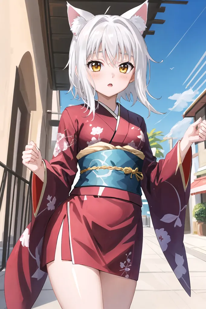 The image is of a young woman with white hair and cat ears. She is wearing a red and white kimono with a floral pattern. The kimono is tied with a blue obi. She is also wearing white socks and red sandals. She has a surprised expression on her face. She is standing in a street with a building to her right and a blue sky with white clouds behind her.