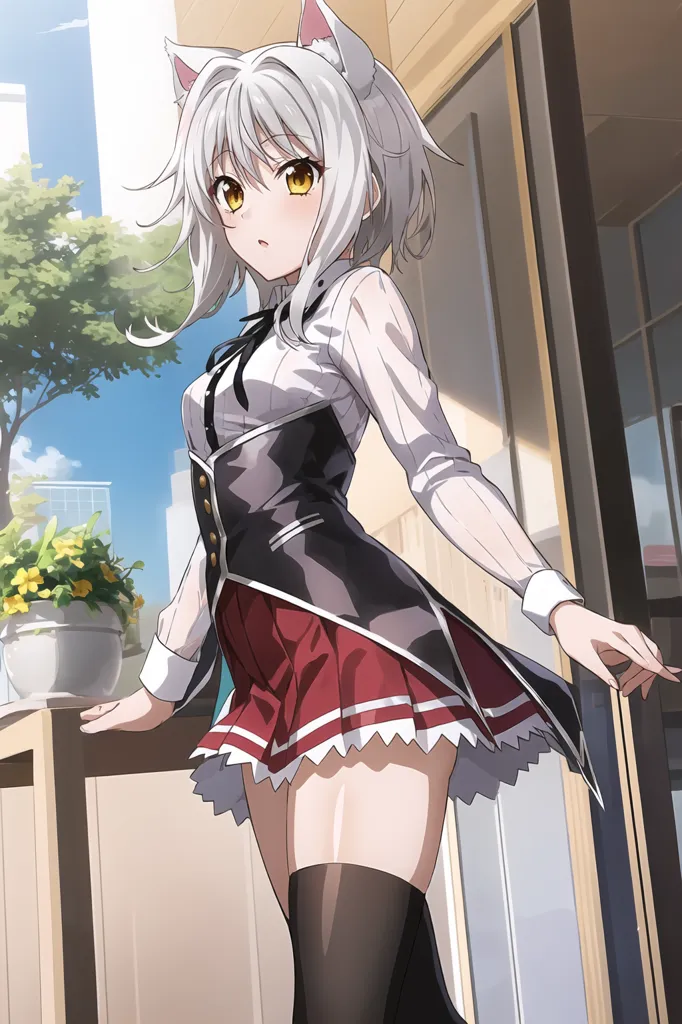 The image is of a young woman with white hair and yellow eyes. She is wearing a white blouse, a black vest, and a red skirt. She also has a pair of cat ears on her head. She is standing in front of a door, and there is a potted plant next to her. The background is a cityscape.