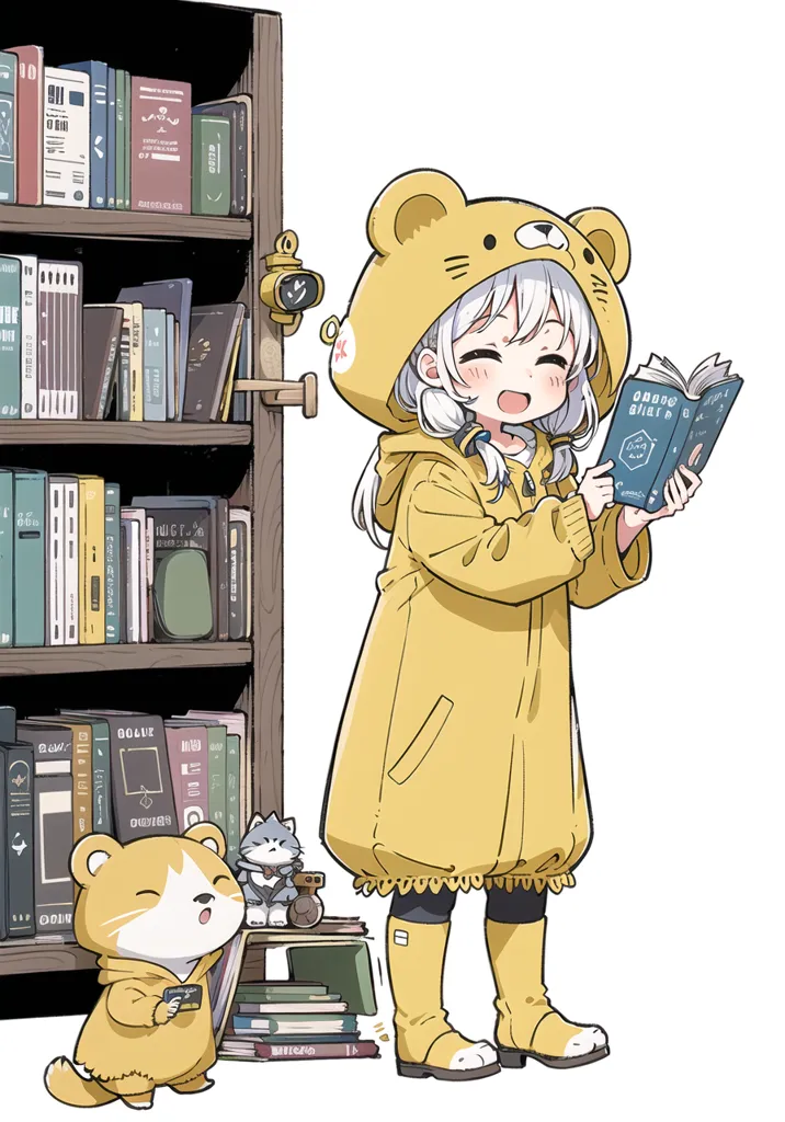 The image shows a girl in a yellow bear onesie reading a book in front a bookshelf. She has white hair and blue eyes, and she is smiling. She is wearing a yellow raincoat and a pair of brown boots. There is a cat sitting on a stack of books next to her. The cat is looking at her.