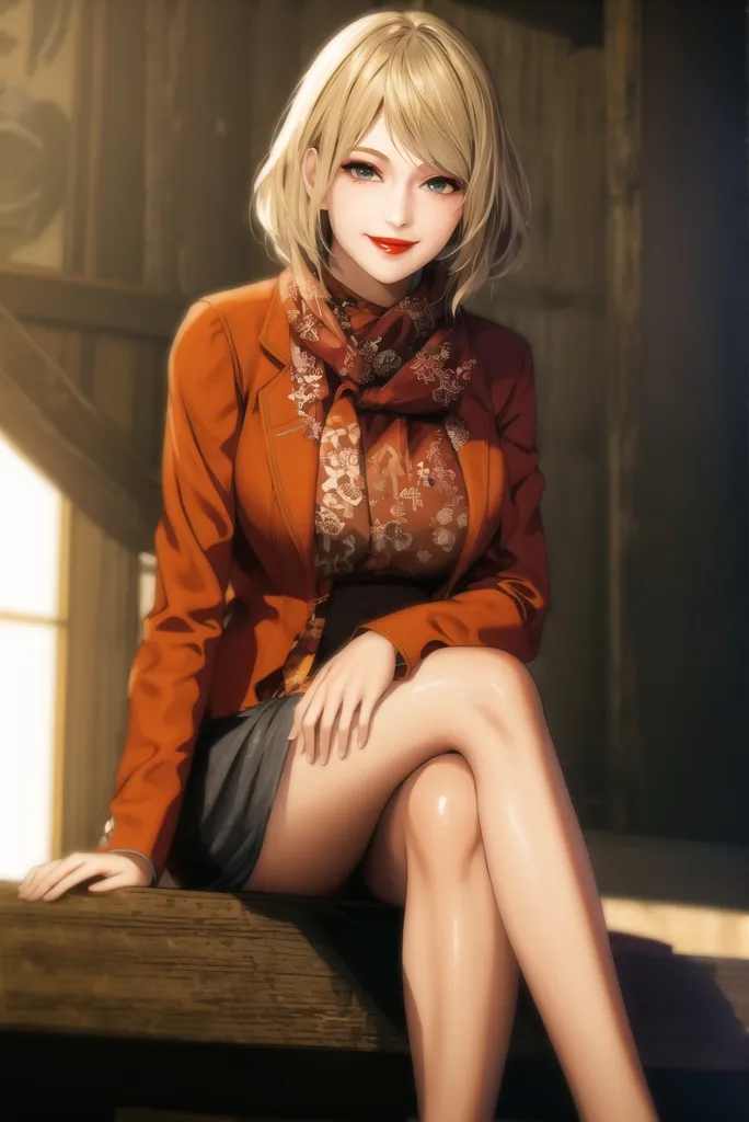 The image shows a beautiful young woman with blonde hair and red lipstick. She is wearing a stylish orange blazer, a floral scarf, and a gray skirt. She is sitting on a wooden bench with one leg crossed over the other and has a confident smile on her face. The background is blurry and looks like a traditional Japanese house.