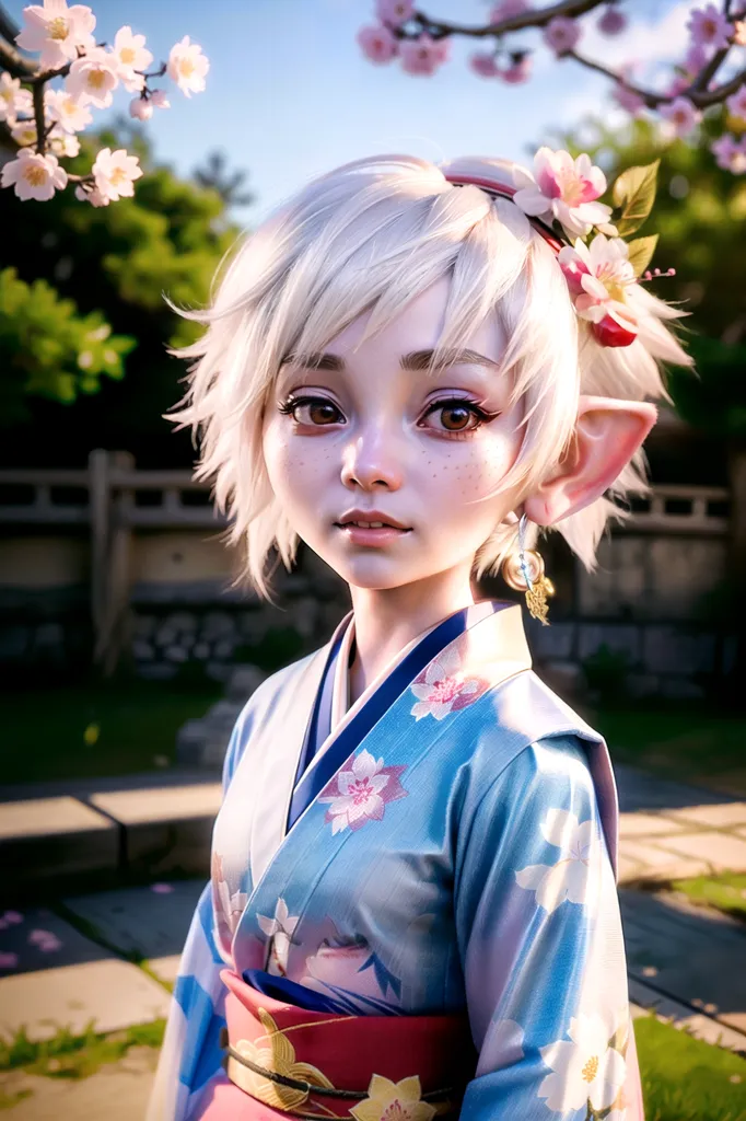 The image shows a young woman with short white hair and pointed ears. She is wearing a blue kimono with pink and white flowers. The woman is standing in a garden with a cherry blossom tree behind her. There are also some white and pink flowers in her hair. She is looking at the viewer with a slightly sad expression on her face.