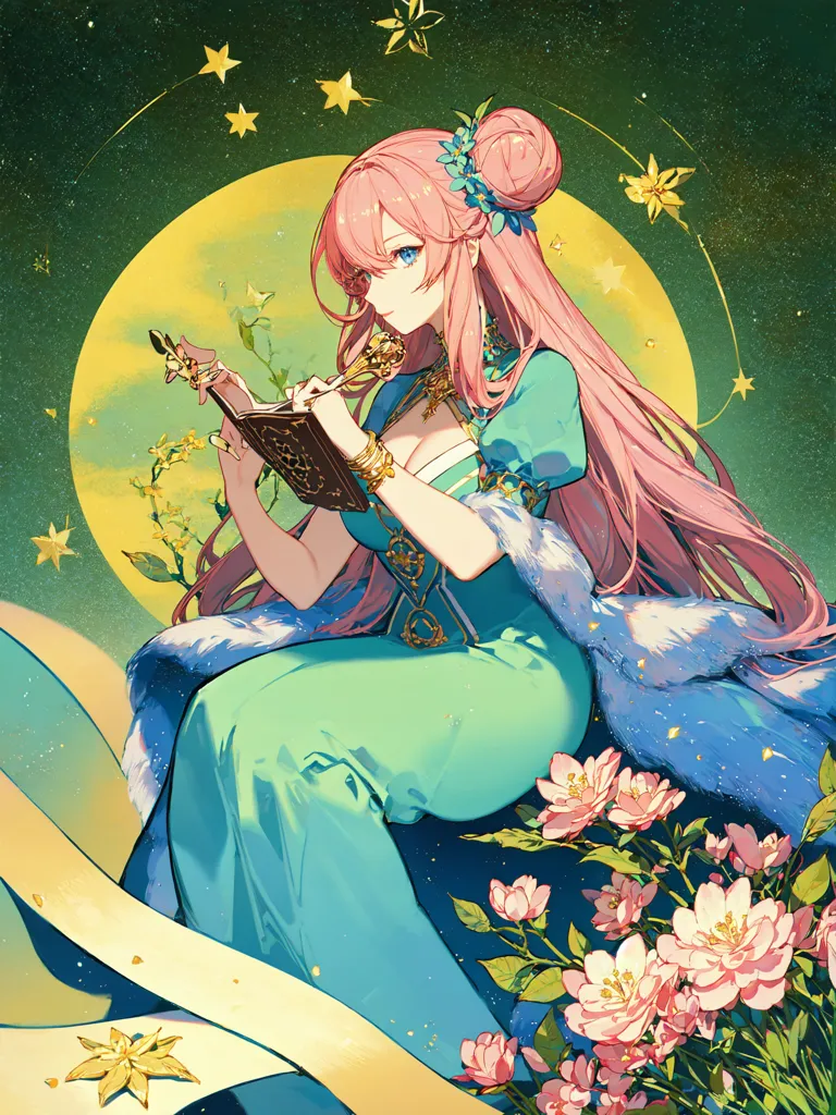 The image is of a beautiful anime girl with long pink hair and blue eyes. She is wearing a green dress with a white fur collar. She is sitting on a crescent moon, surrounded by pink flowers. She is holding a book in her right hand and is writing with a quill in her left hand. There are stars in the background.