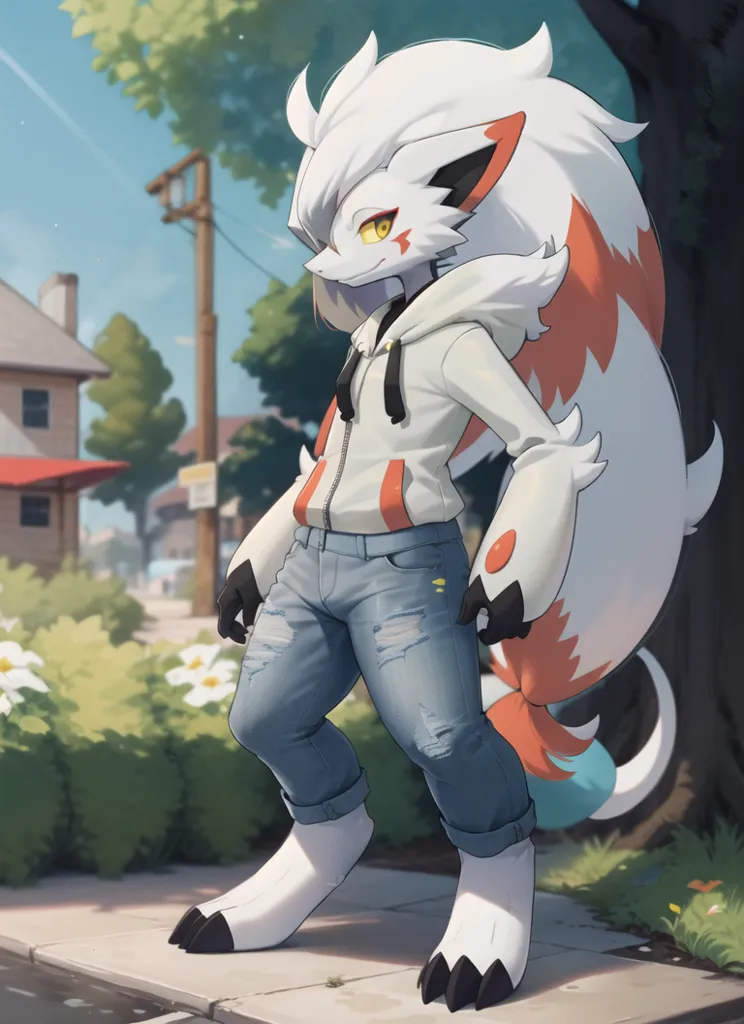 The image is of a character from the Pokemon franchise. It is a bipedal, canine-like creature with white and orange fur. It is wearing a white hoodie and blue jeans. The character is standing in a suburban neighborhood, with a house and a tree in the background.