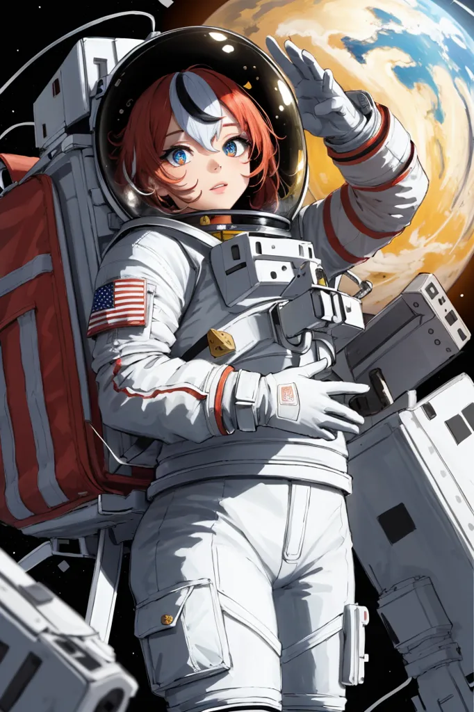 This is an image of an anime girl in a spacesuit with her helmet on. She is standing with her left hand raised in front of her visor and her right hand hanging at her side. She is wearing a white spacesuit with red and blue details and the American flag patch on her left arm. There is a large orange planet with a thin atmosphere in the background on the right side of the image. There are also several small white objects floating around her.