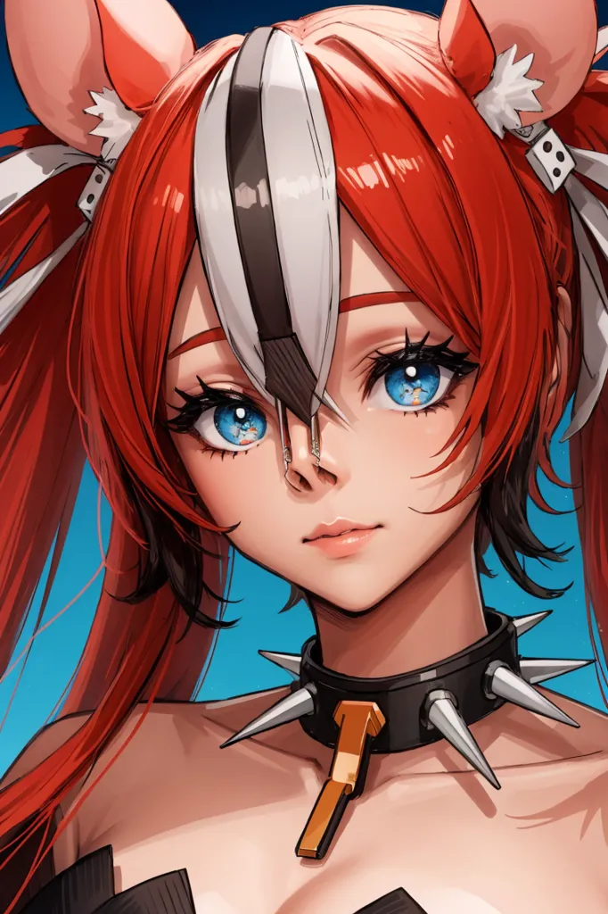 This is an image of a young woman with red and white hair. She has blue eyes and is wearing a black choker with a gold buckle. She is also wearing a black and white bodysuit. She has a beauty mark under her right eye. She is looking at the viewer with a serious expression.