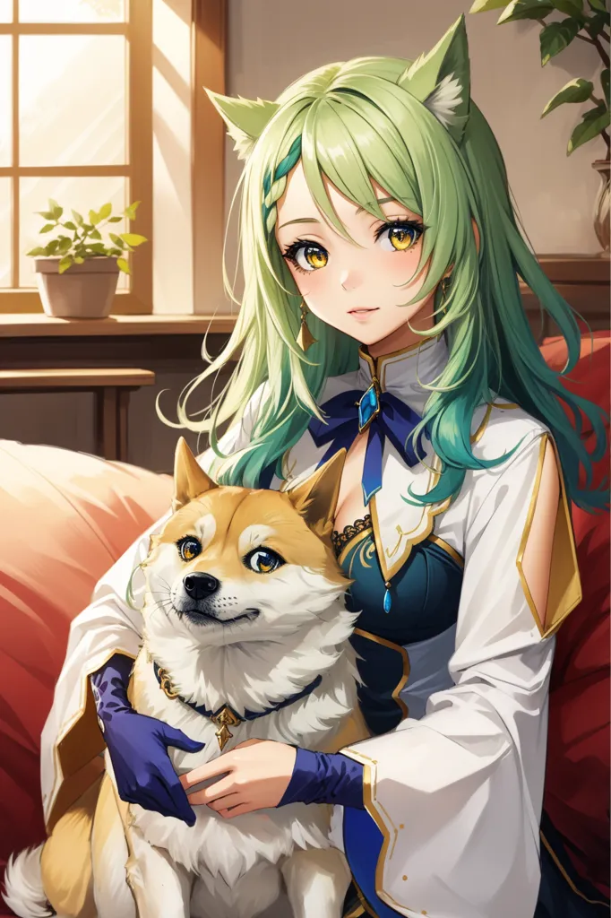 The image is of an anime girl with green hair and yellow eyes. She is wearing a white and blue dress with a blue bow. She is sitting on a couch with a Shiba Inu dog. The girl has a gentle smile on her face and is looking at the dog. The dog has a playful expression on its face and is looking up at the girl. There is a potted plant on a shelf in the background.