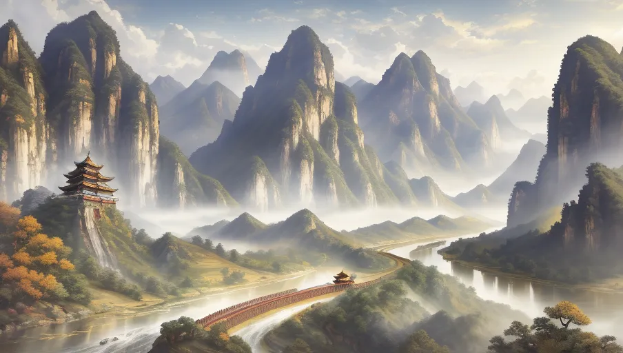 L'image est une belle peinture de paysage dans le style chinois du 山水画 (shanshuihua). Elle représente une rivière sinueuse s'écoulant à travers une vallée entre de hautes montagnes brumeuses. Les montagnes sont recouvertes d'une végétation verte luxuriante, et il y a quelques arbres sur les berges de la rivière. En arrière-plan, il y a une grande cascade, et un temple ou un pavillon est niché sur une falaise. La peinture est réalisée dans des couleurs atténuées, et l'effet global est celui de paix et de tranquillité.