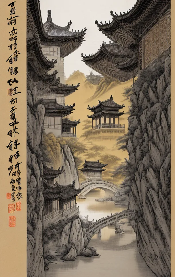 この絵は宋朝(960-1279年)の様式で描かれた中国の山水画です。絵には2つの山の間を流れる川が描かれています。山は木々に覆われ、川には橋が架かっています。川沿いには寺院やパビリオンなどの建物が描かれています。この絵は絹本水墨画で、筆致は繊細で色彩は控えめです。この絵は中国の山水画の優れた例といえます。