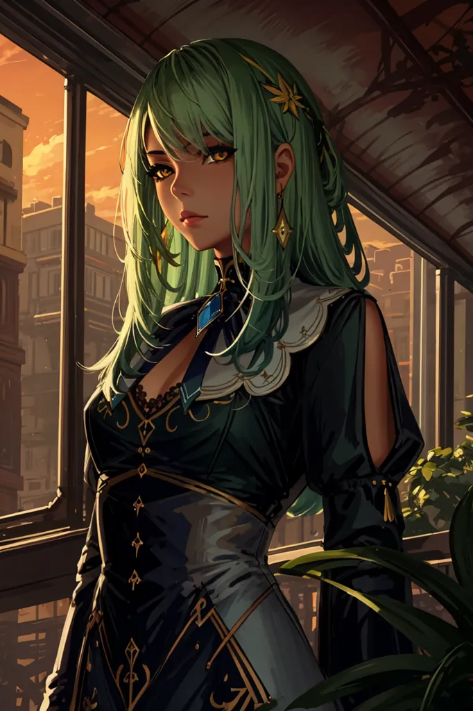 The image is of a beautiful anime girl with long green hair and brown eyes. She is wearing a black and green dress with a white collar. There are some golden decorations on her dress. She is standing in a room with a large window. There are some plants outside the window. The girl is looking at the viewer with a serious expression.