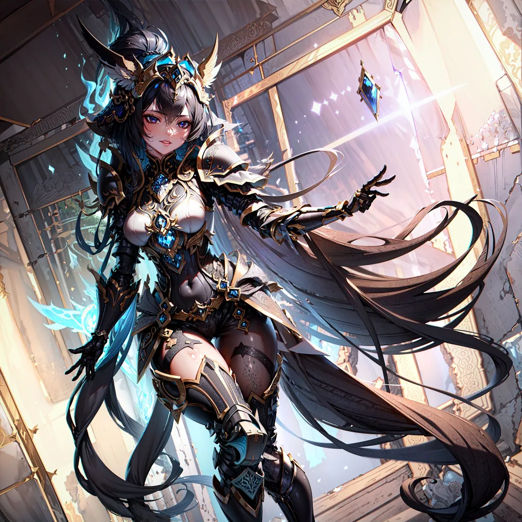 The image is of a young woman with long black hair and blue eyes. She is wearing a black and blue bodysuit with armor. The armor is made of metal and has blue gems on it. She is also wearing a blue cape. She is standing in a room with a large window behind her. There is a blue crystal floating in the air in front of her. She has one hand outstretched towards the crystal, and the other hand is holding a sword. She is looking at the crystal with a serious expression on her face.
