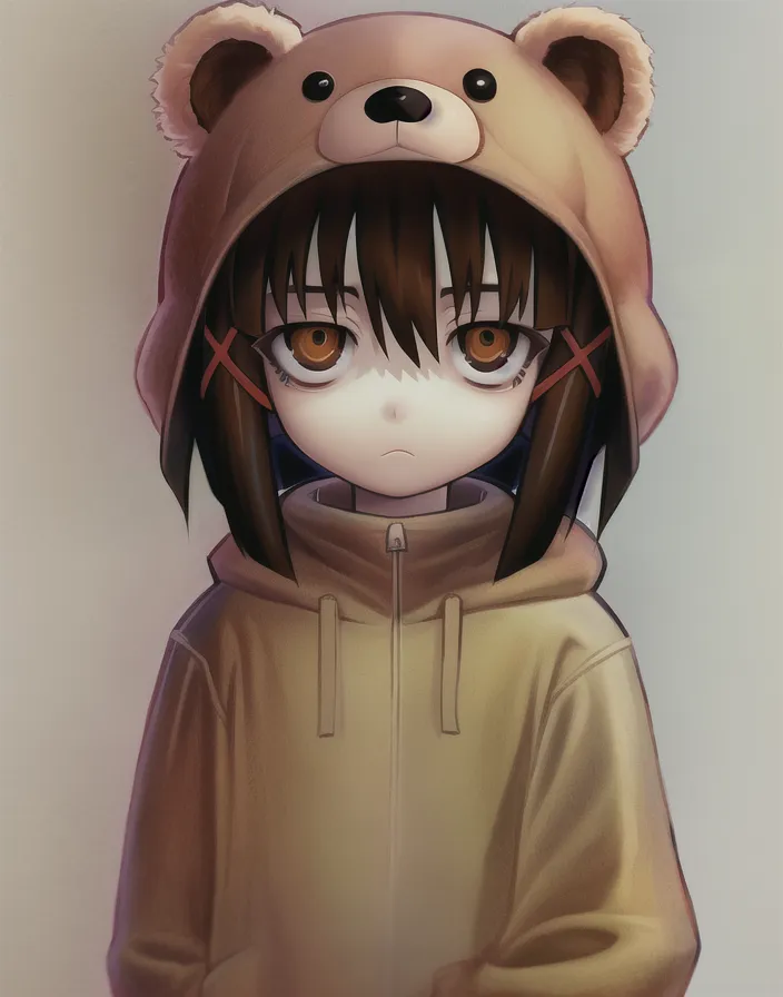 The image shows a young girl with brown hair and eyes wearing a brown bear hoodie with her hood up. The bear hoodie has a light brown inner lining and dark brown ears. The girl's expression is sad and tired. There is an 'x' shaped marking on each of her cheeks.