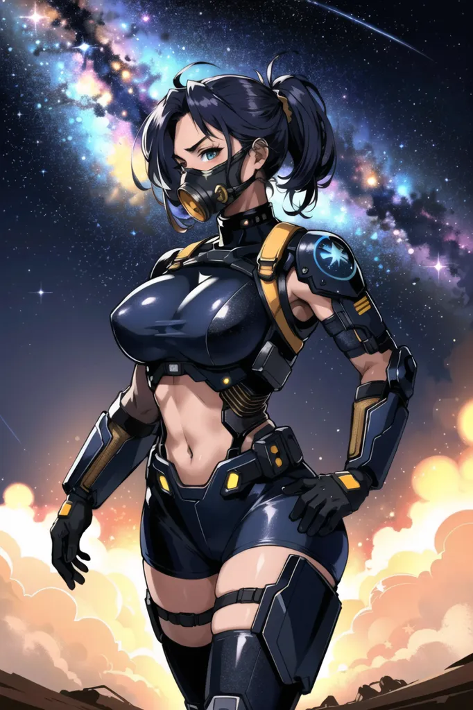 The image is of a young woman standing in a futuristic setting. She is wearing a black and yellow bodysuit with a gas mask and a ponytail. She is also wearing a utility belt and a pair of gloves. The background is a starry night sky with a planet in the distance.