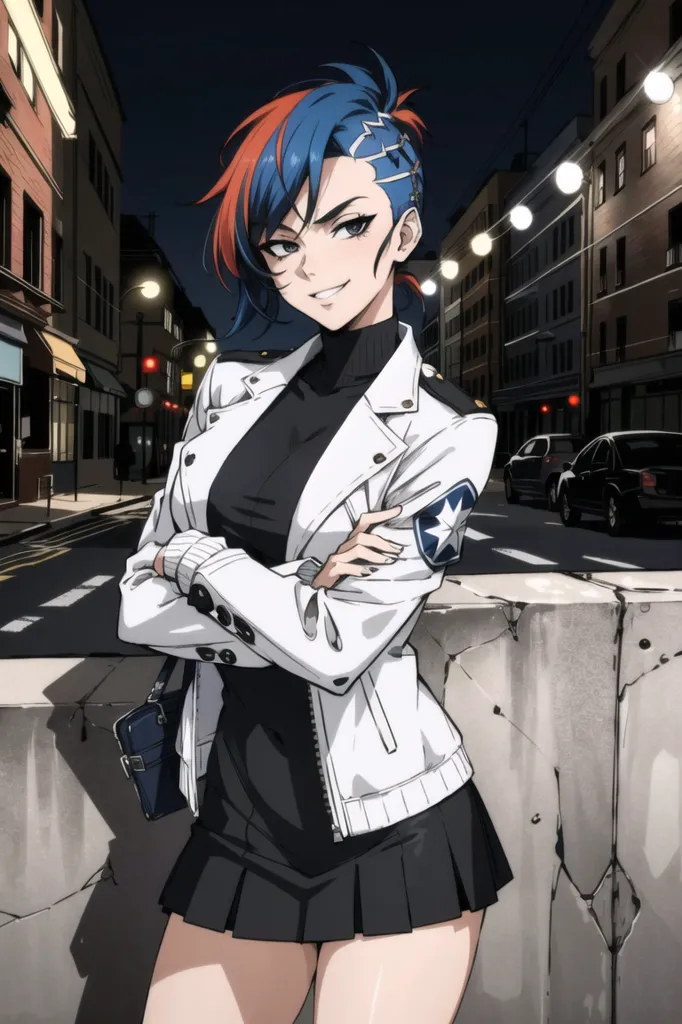 The image is of a young woman with blue and red hair, she is wearing a white jacket, black turtleneck, and black skirt. She is standing in a city street at night. She has a confident expression on her face and is crossing her arms. There are cars parked on the street and buildings in the background.