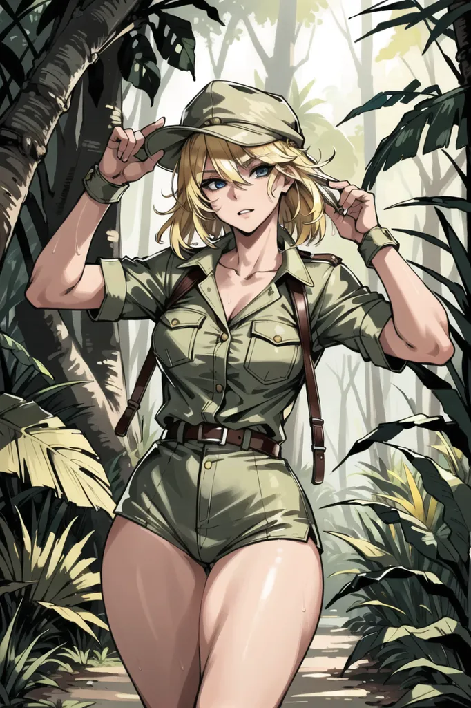 The image depicts a blonde woman wearing a green military hat, shirt, and shorts. She is standing in a lush jungle setting, surrounded by green foliage. The woman has a confident expression on her face, and she is looking to the left of the frame. She is also wearing a brown belt and brown boots.