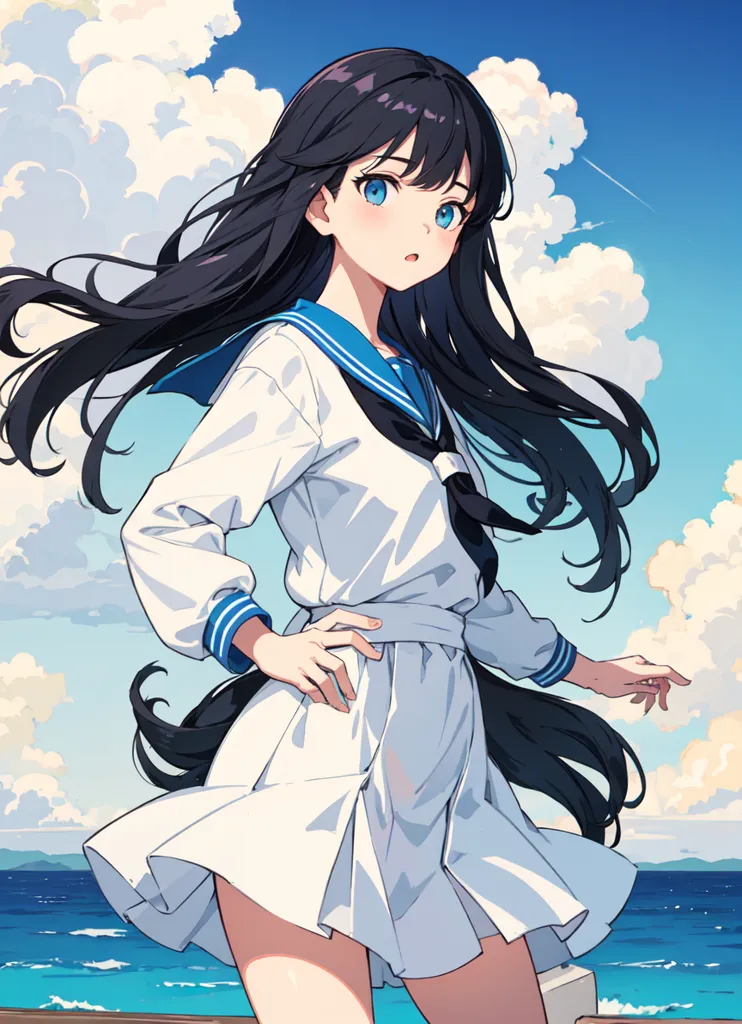 The image is an anime-style drawing of a girl standing on a beach. She is wearing a white and blue sailor-style uniform. The girl has long black hair and blue eyes. She is looking at the sea with a serious expression. The sky is blue and cloudy, and the sea is rough.