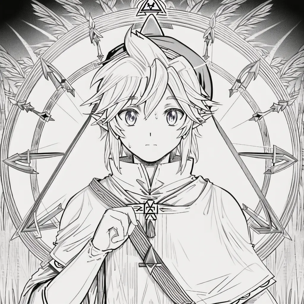 L'image est un dessin en noir et blanc d'un jeune garçon aux longs cheveux ondulants et à un chapeau pointu. Il porte une longue robe blanche avec une croix sur le devant. Le garçon se tient devant un grand cercle orné avec un triangle au centre. Le cercle est entouré de plusieurs épées et flèches. Le garçon a la main gauche levée devant lui, comme s'il jetait un sort.