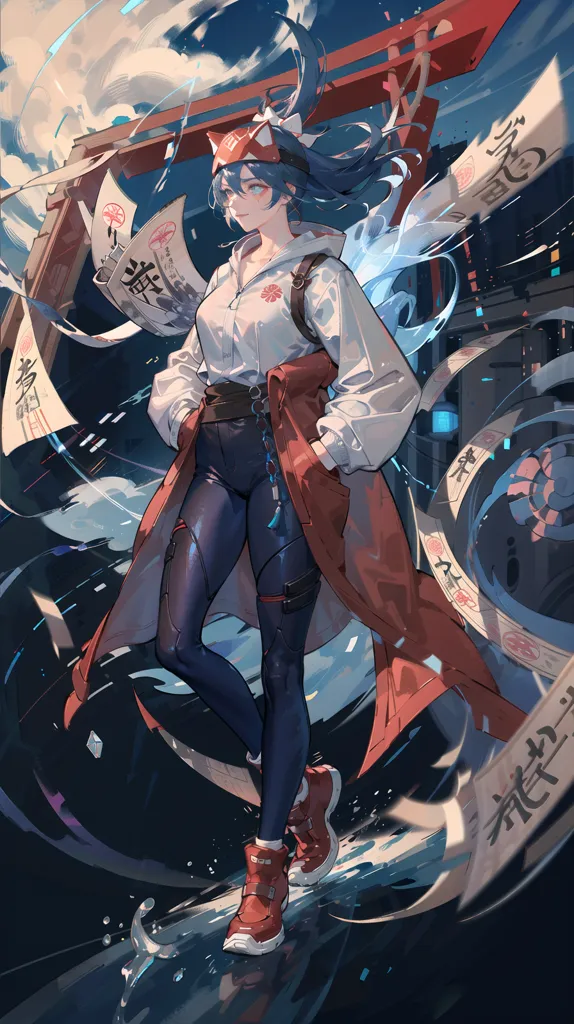 The image is of a young woman with long blue hair and fox ears. She is wearing a white shirt, red jacket, and black pants. She is also wearing a pair of red and white sneakers. The woman is standing in front of a blue and white background with a red torii gate in the center. There are also several white papers with red text floating around her. The woman has a confident expression on her face and is looking at the viewer.