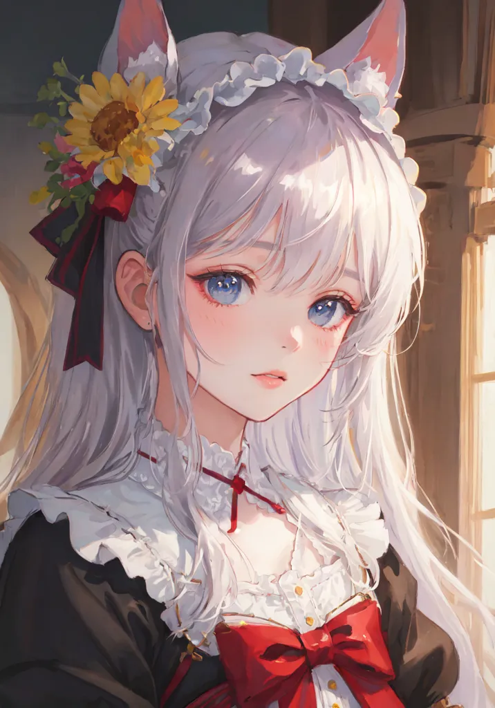 The image is a painting of a young girl with white hair and blue eyes. She is wearing a black and white maid outfit with a red bow. She has cat ears and a sunflower in her hair. The background is a blurred image of a room with a window.