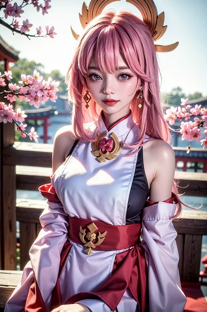 The image is of a young woman with pink hair and purple eyes. She is wearing a white and pink kimono with a red obi. There are cherry blossoms in the background.