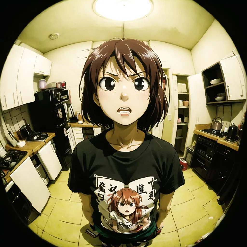 The image is a fisheye view of a young woman standing in a kitchen. She has short brown hair and brown eyes, and is wearing a black t-shirt with a picture of a girl with red hair on it. The kitchen is small and has white cabinets and black appliances. There is a stove, a refrigerator, and a microwave in the kitchen. The woman is looking at the camera with a surprised expression on her face.