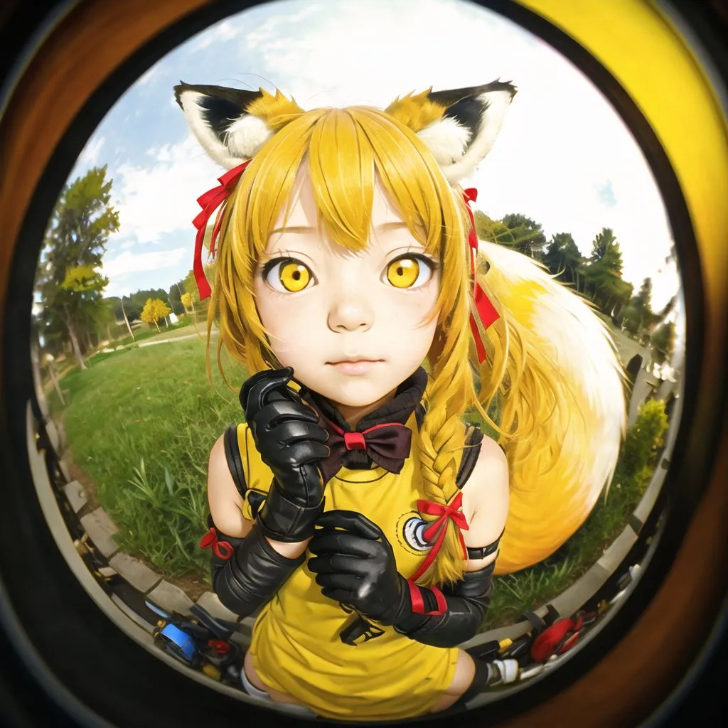 The image is a fisheye lens photo of a young woman dressed in a yellow and black outfit with fox ears and a tail. She is kneeling on the ground and looking at the camera with a curious expression on her face. The background is a blurred park with trees and a blue sky.