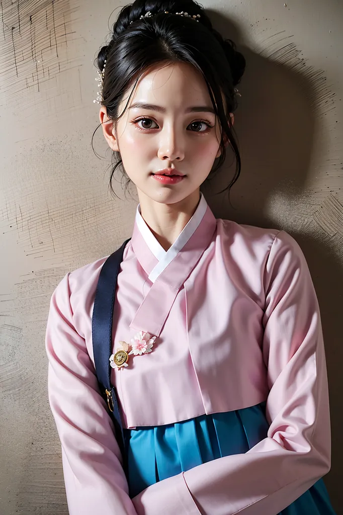 A imagem mostra uma jovem mulher vestindo um hanbok, um vestido tradicional coreano. O hanbok é rosa e azul, com um colarinho branco. O cabelo da mulher é preto e preso em um coque. Ela está usando uma fita rosa no cabelo. A maquiagem da mulher é natural, com um blush rosa claro e batom. Ela olha para a câmera com um leve sorriso. O fundo é de uma cor cinza clara.