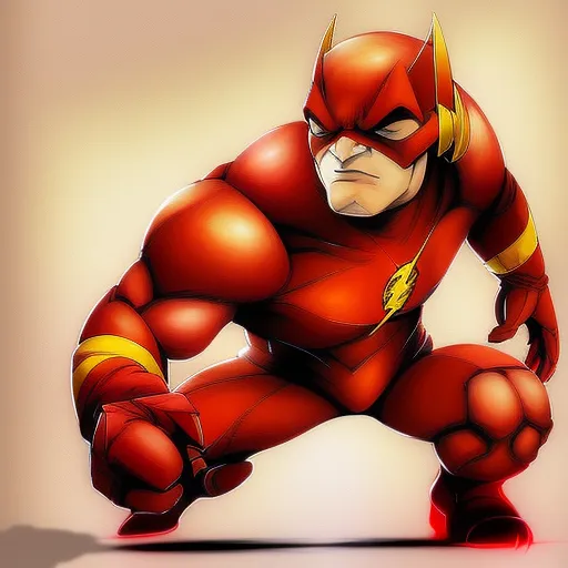 Gambar ini menunjukkan seorang superhero bernama The Flash. Dia memiliki kostum merah dan kuning dengan simbol petir di dadanya. Dia berotot dan memiliki ekspresi serius di wajahnya. Dia sedang berjongkok dalam posisi siap untuk berlari. Latar belakangnya putih dengan gradien ke kuning di bagian atas.