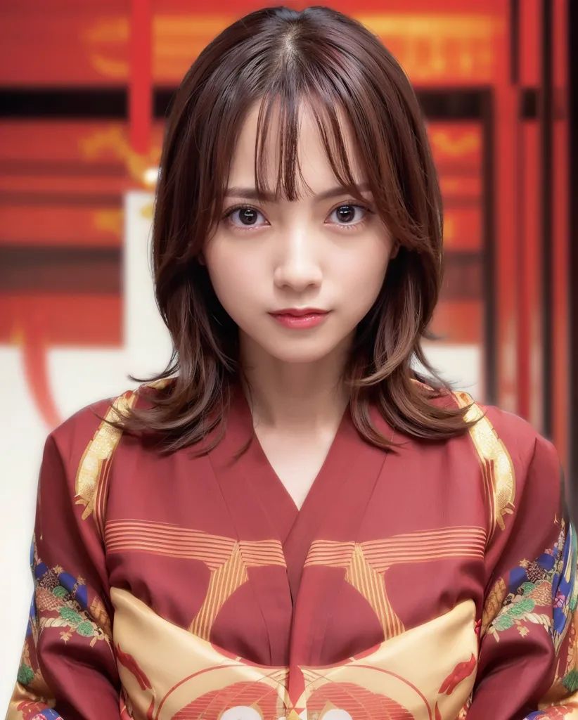 The image shows a young Japanese woman with short brown hair and bangs. She is wearing a red kimono with a white collar and a floral pattern. The collar is trimmed with gold. The woman is looking at the camera with a serious expression. She is standing in a traditional Japanese room with red walls and a gold screen.