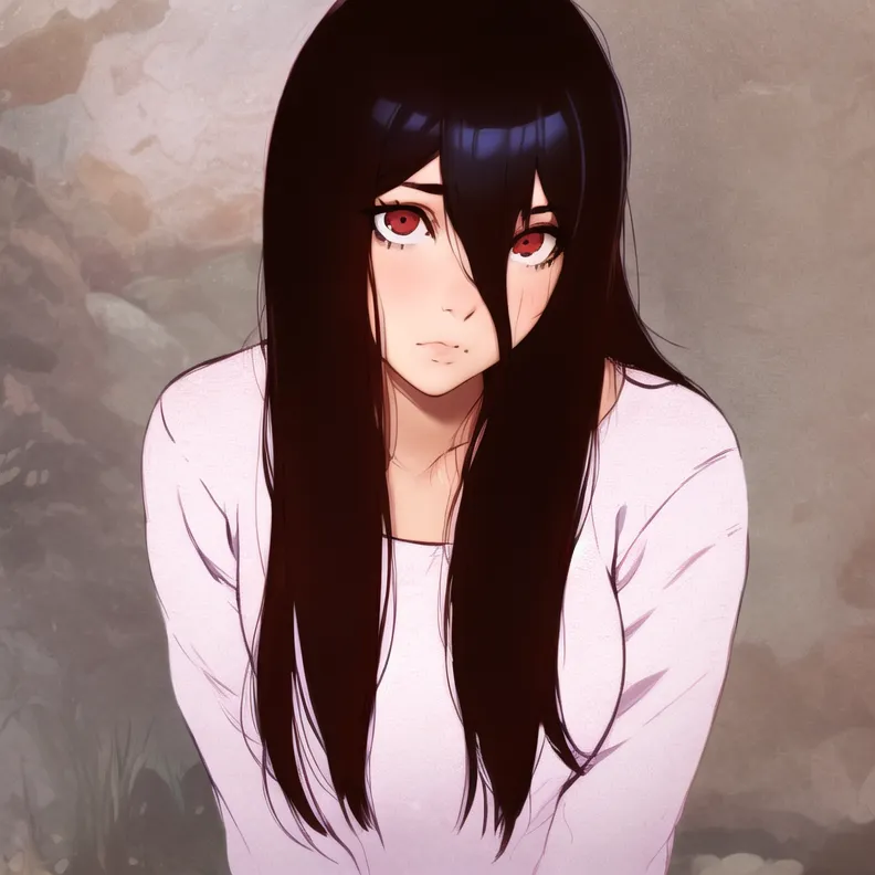 The image is a digital painting of a young woman with long black hair and red eyes. She is wearing a white shirt and has a neutral expression on her face. The background is a blur of light and dark colors.