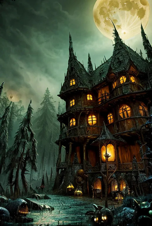 The image is a dark and gloomy haunted house. The house seems to be situated in a forest and has a full moon in the background. The house is surrounded by dead trees and has a large door with two windows on either side. The windows are boarded up and the door is slightly ajar. The house is in disrepair and has a large hole in the roof. The image is creepy and has a spooky atmosphere.