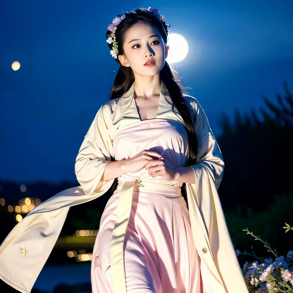 A imagem mostra uma jovem mulher vestindo um vestido tradicional chinês com uma saia rosa e um top branco. O vestido tem uma saia longa e fluida e é decorado com padrões intrincados. A mulher tem cabelos pretos longos e está usando uma coroa de flores. Ela está em pé em um campo de flores com uma lua cheia ao fundo. A imagem é suave e romântica, e a mulher parece uma fada (fai