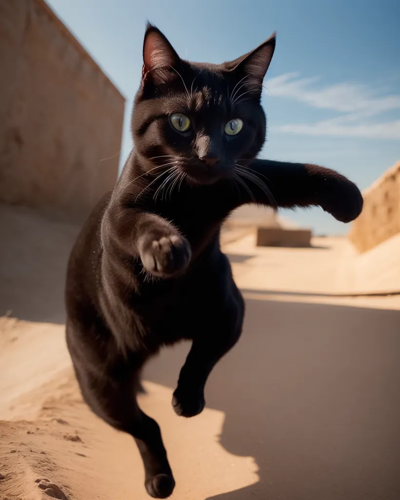 This is a photo of a black cat in mid-air. The cat is looking at the camera with its green eyes. Its fur is black and its whiskers are white. The background is blurry, but it looks like the cat is in a desert.