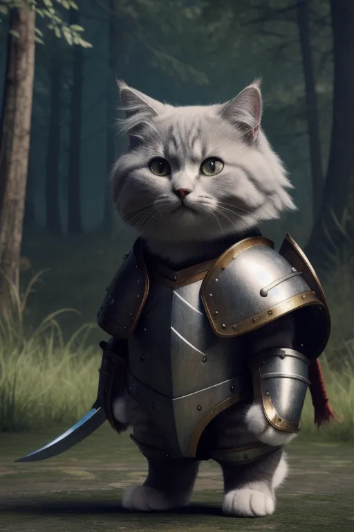 Cette image montre un chat blanc moelleux dans une armure. Le chat se tient dans une forêt, regardant le spectateur. L'armure est en métal et a une cape rouge. Le chat porte également une épée sur son côté gauche.