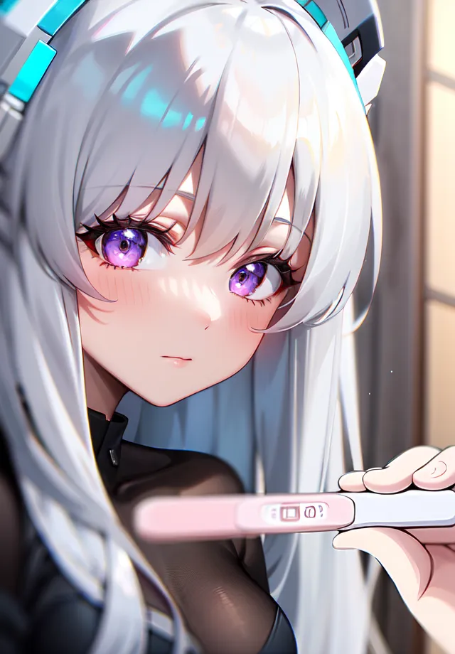 The image is of an anime-style girl with white hair and purple eyes. She is looking at a pregnancy test with a surprised expression on her face. The girl is wearing a black bodysuit with a white collar. She has a small blush on her cheeks. The background is a blur of light blue.